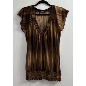 Vintage 90s Y2K Medium Agenda Brown Black Print Top V-Neck Elastic‎ Waist